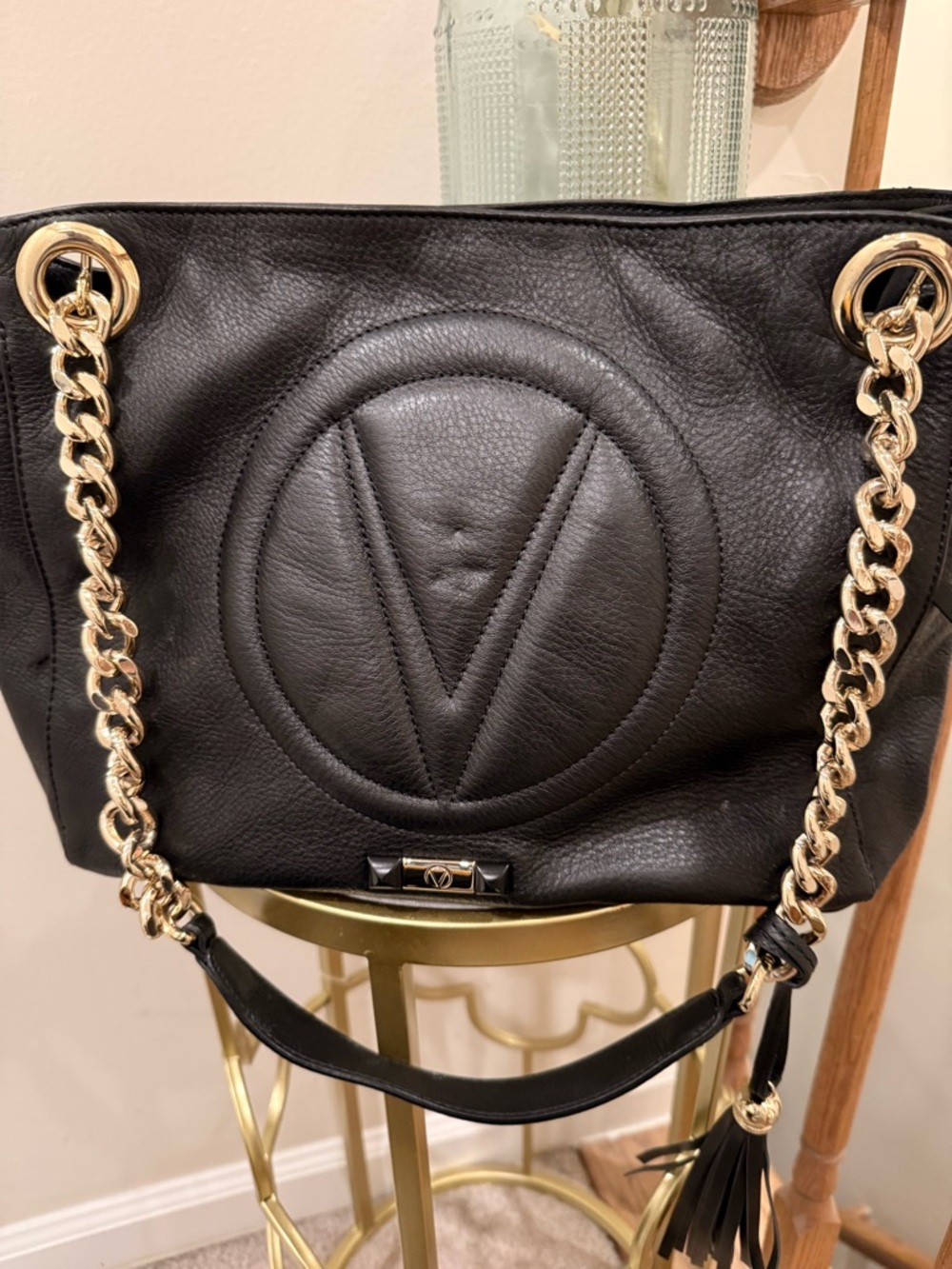 Mario Valentino Black Leather Shoulder Bag with Gold Chain Straps and Tassel